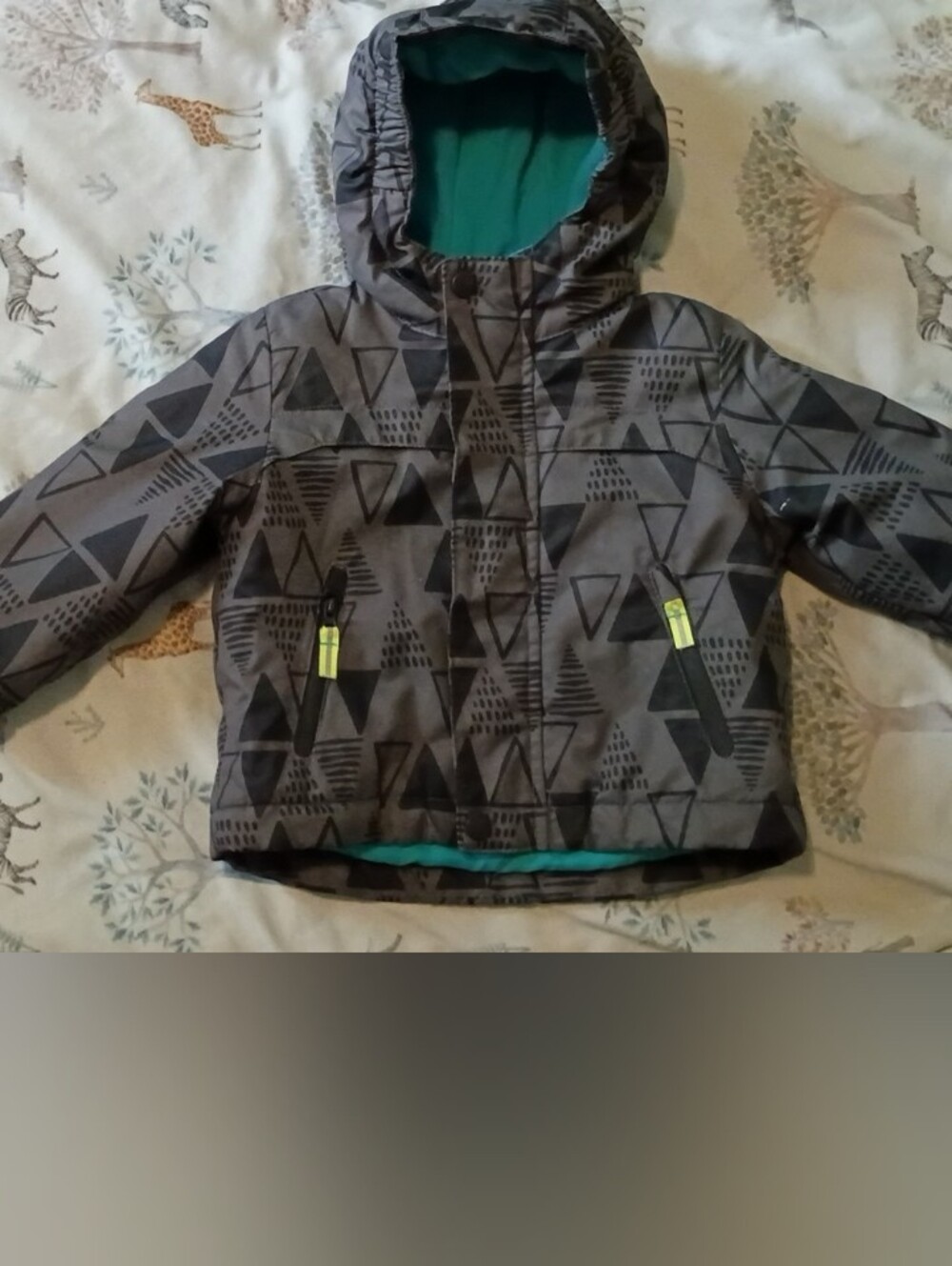 Cat & Jack Gray Geometric Hooded Puffer with Teal Lining